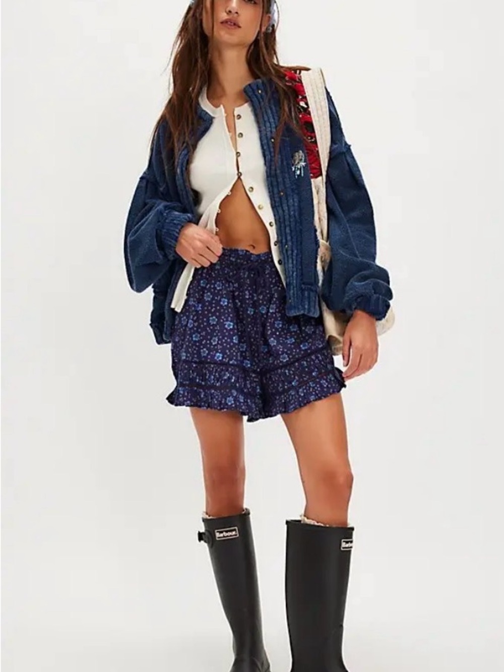 Free People Navy Blue Floral High Waist Ruffled Shorts